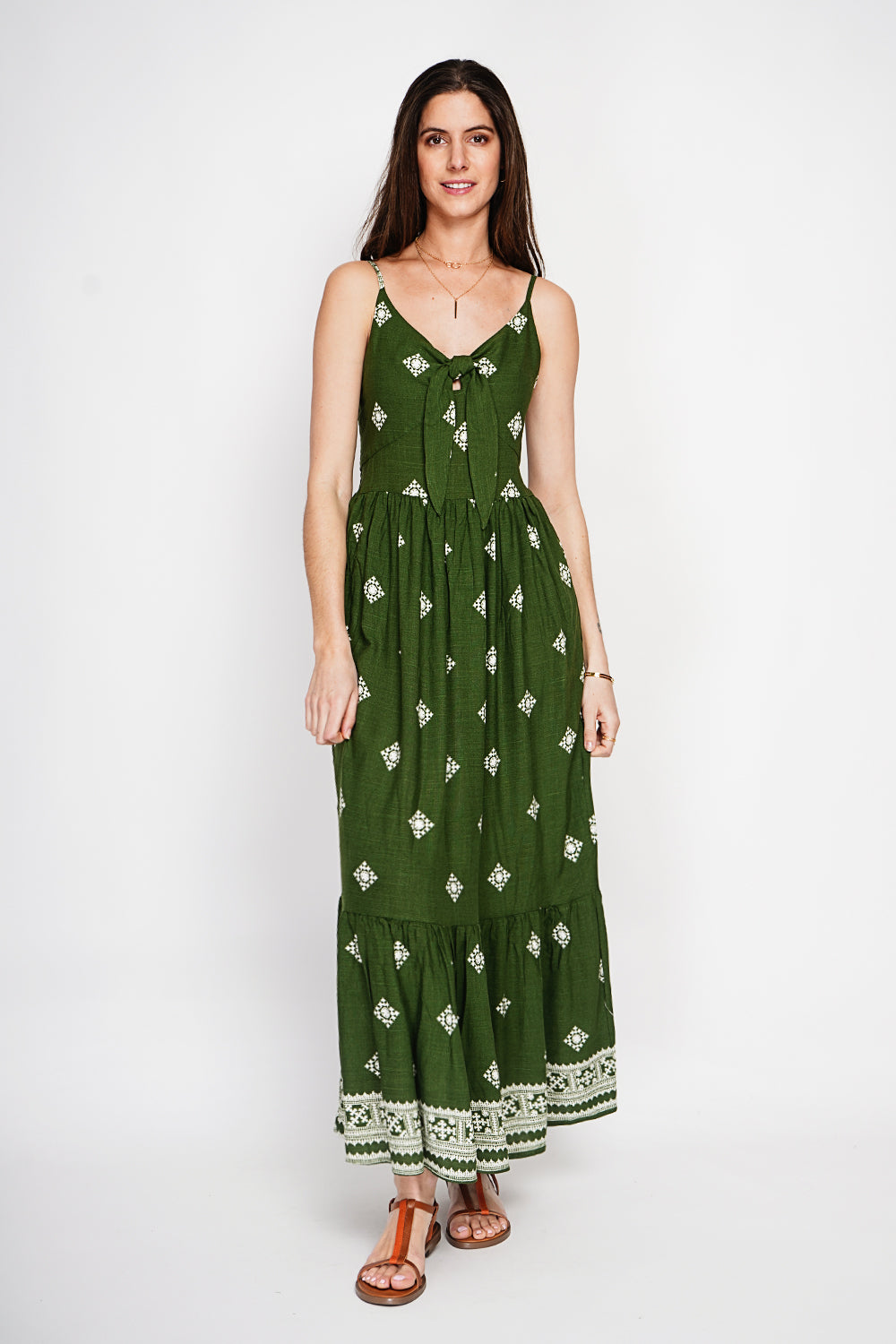 Robe longue imprimée bretelles réglables – Kaki clair – Assuili