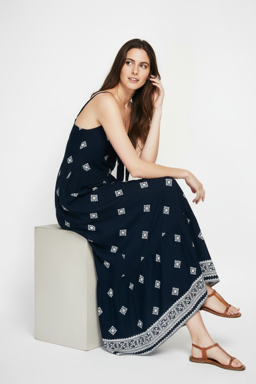 Robe longue imprimée bretelles réglables – Bleu marine – Assuili