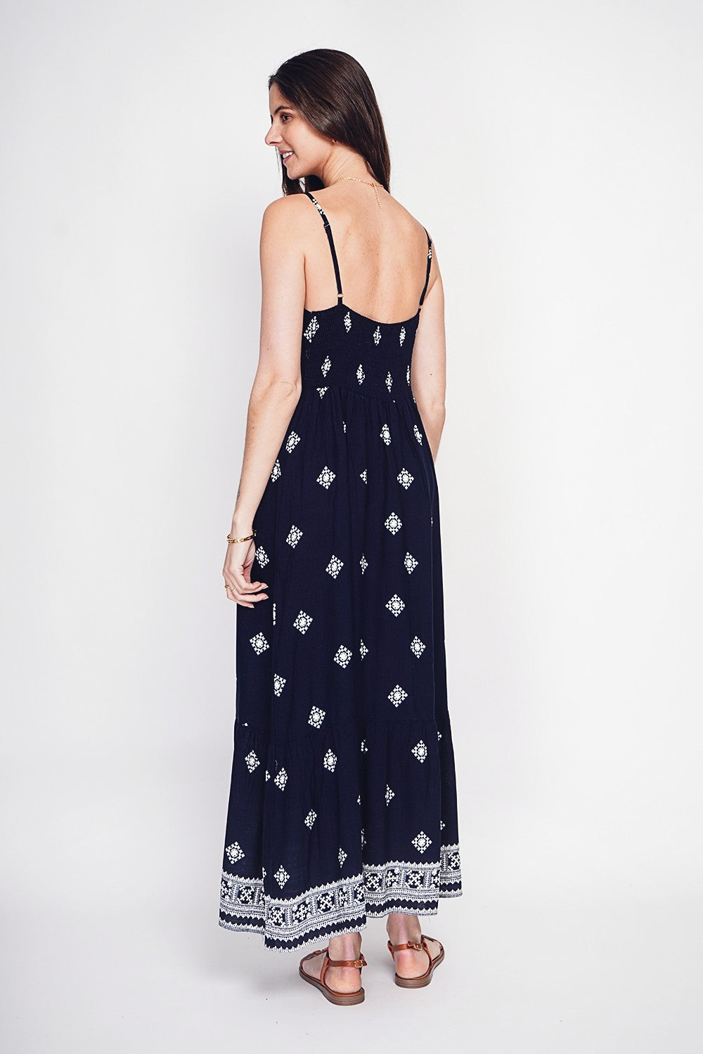 Robe longue imprimée bretelles réglables – Bleu marine – Assuili