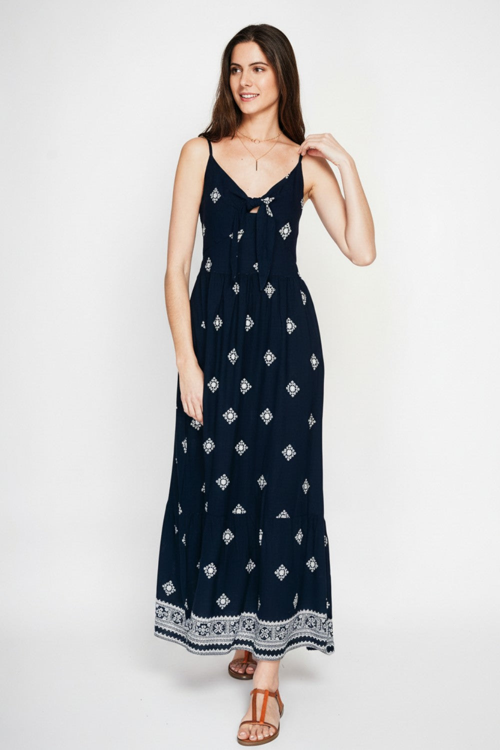 Robe longue imprimée bretelles réglables – Bleu marine – Assuili