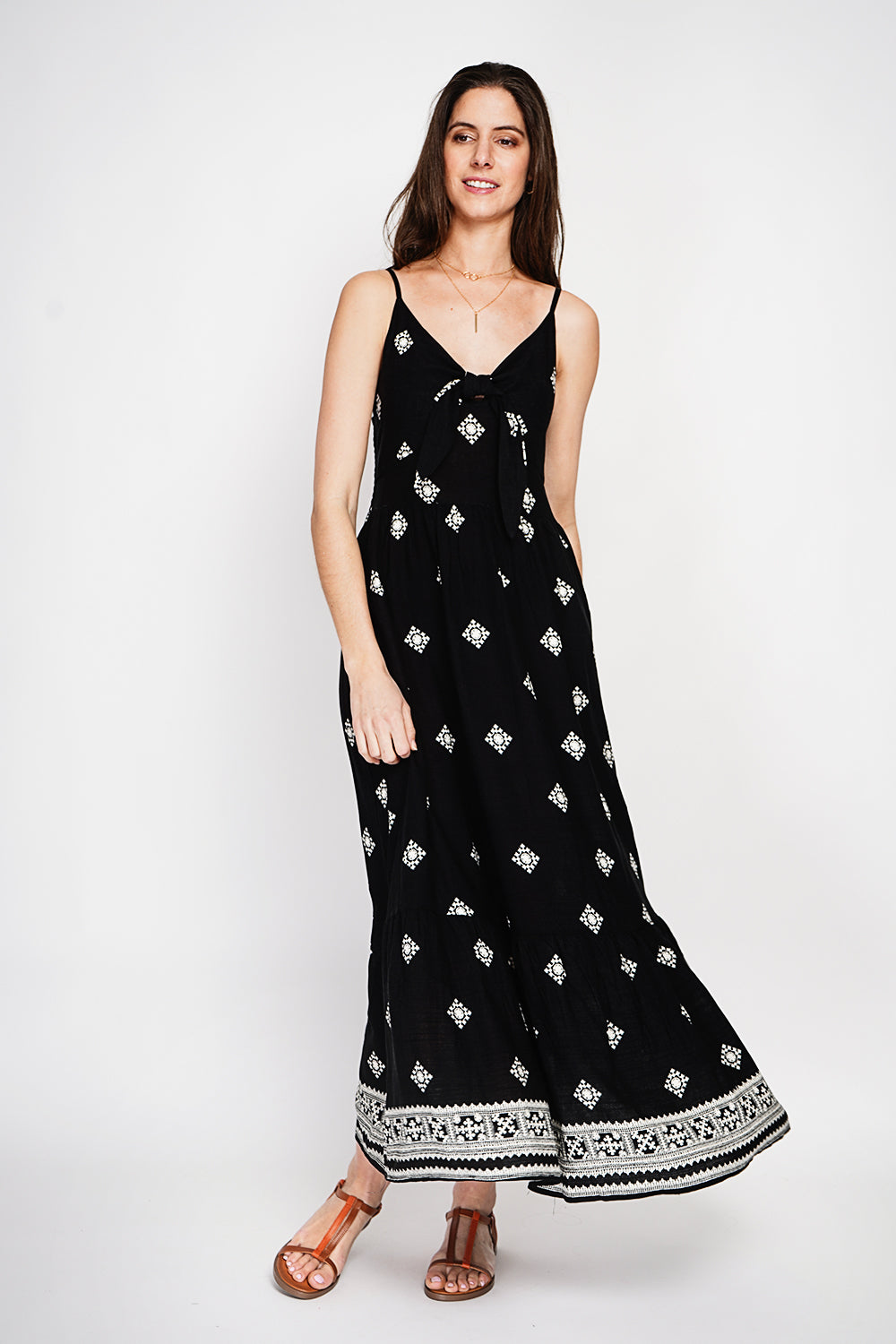 Robe longue imprimée bretelles réglables – Noir – Assuili