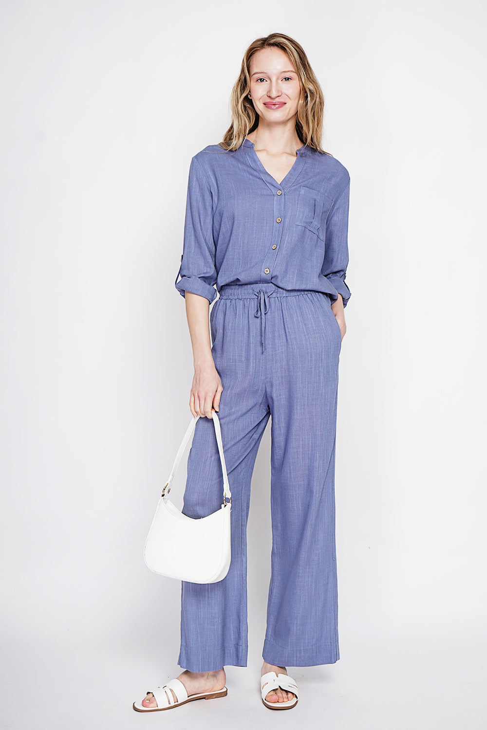Tunique boutonnée devant à poches – Bleu jean – Assuili
