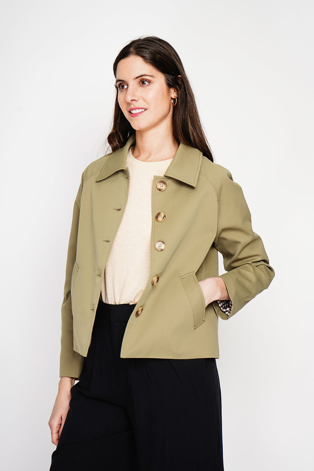 Trench court oversize doublure à carreaux – Kaki clair – Assuili