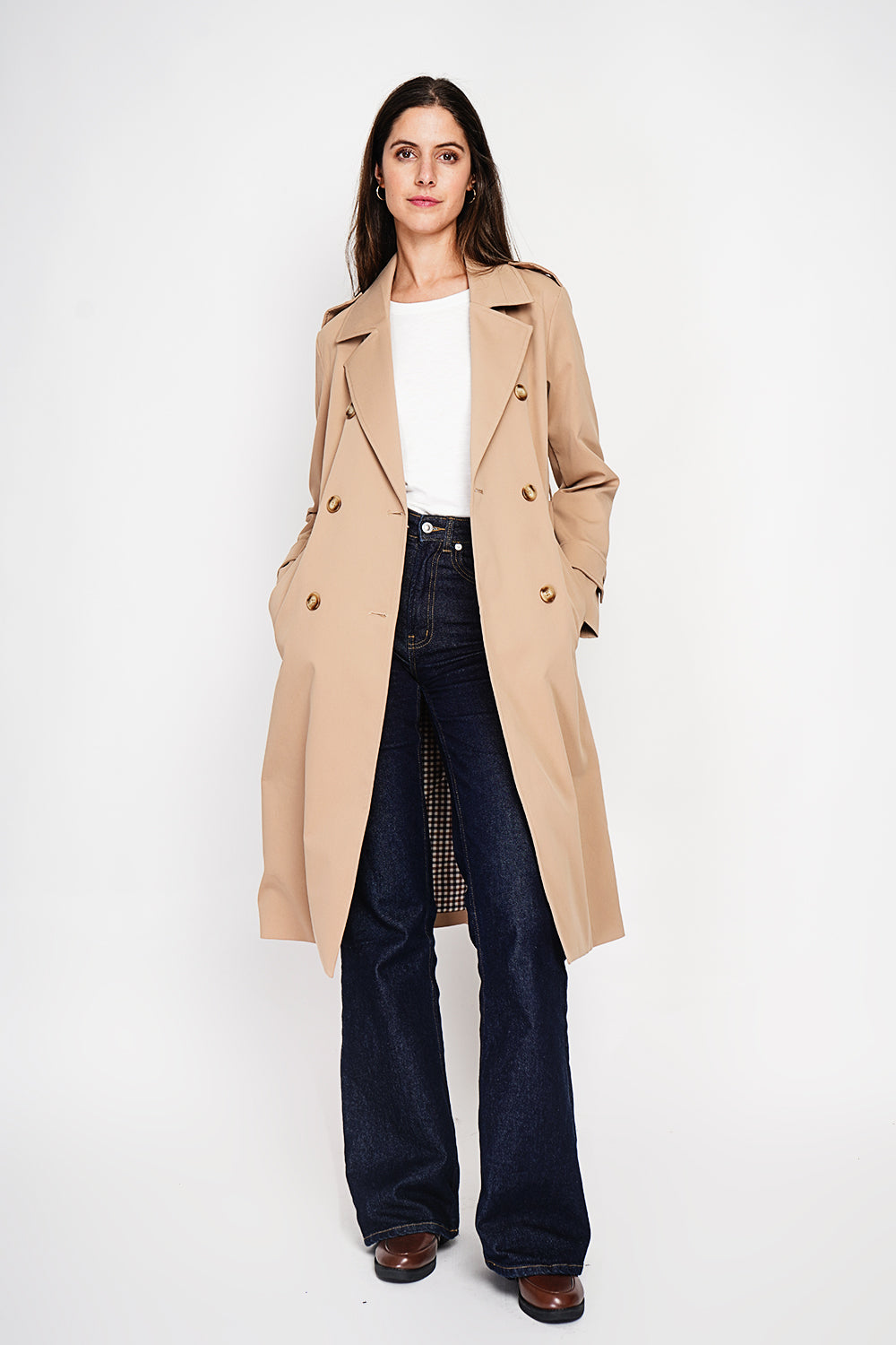 Trench ceinturé à pattes boutonnées – Camel – Assuili