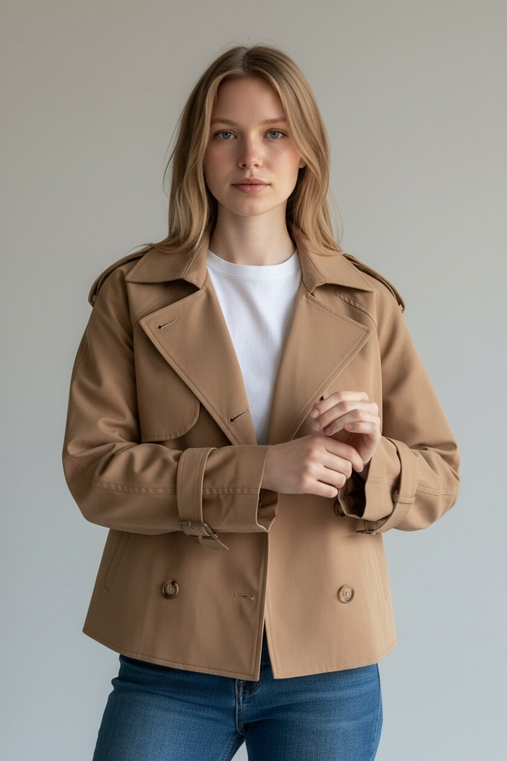 Trench court à pattes boutonnées – Camel – Assuili