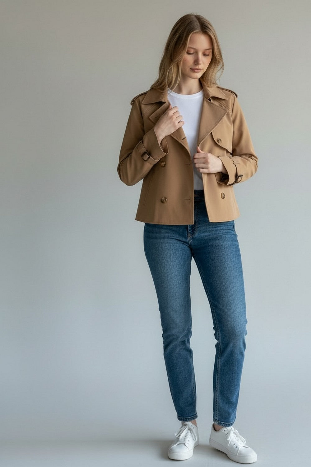 Trench court à pattes boutonnées – Camel – Assuili