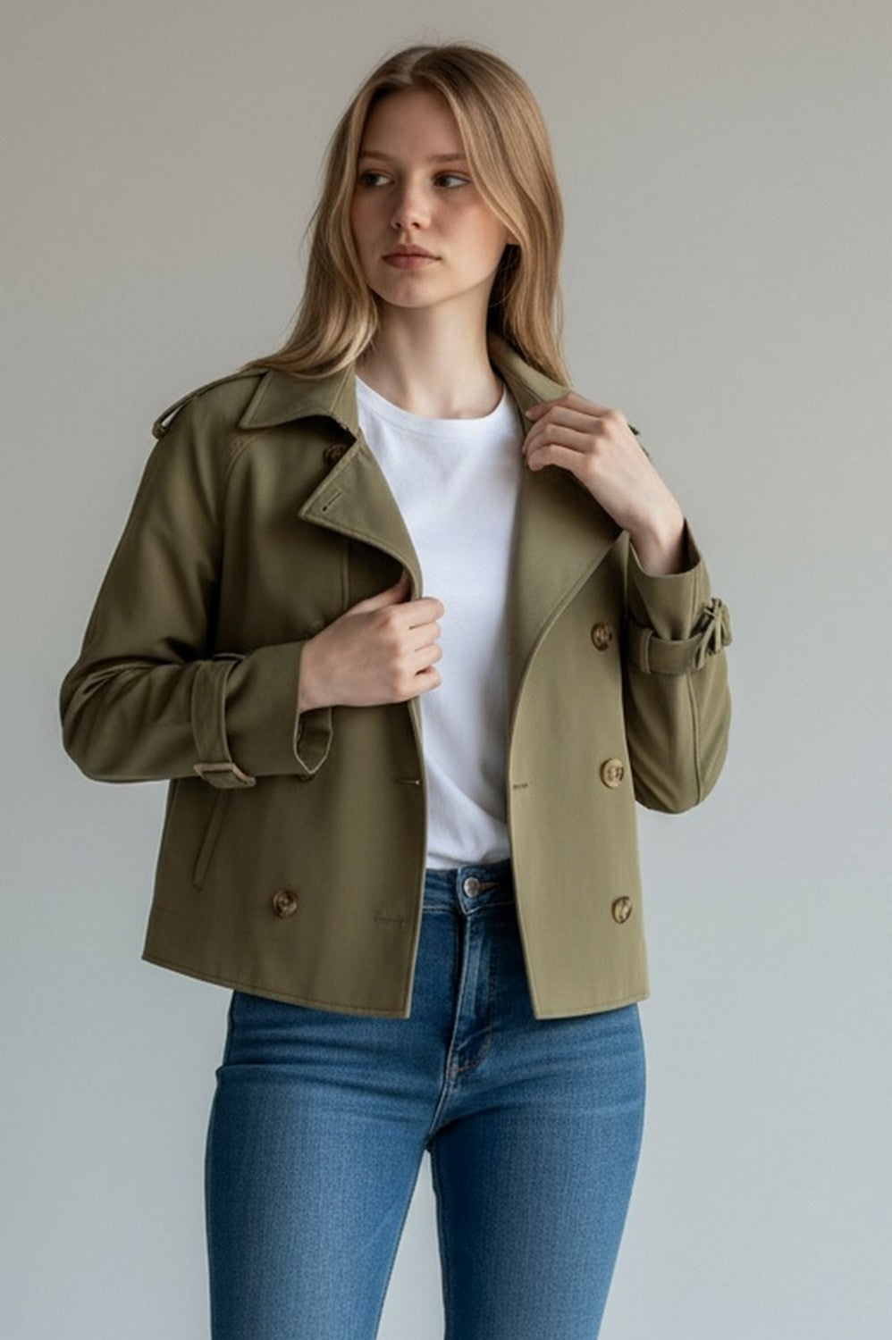 Trench court à pattes boutonnées – Kaki clair – Assuili