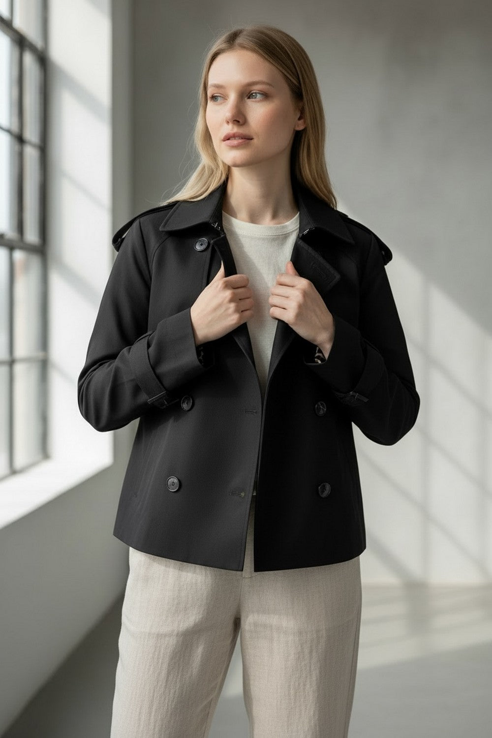 Trench court à pattes boutonnées – Noir – Assuili