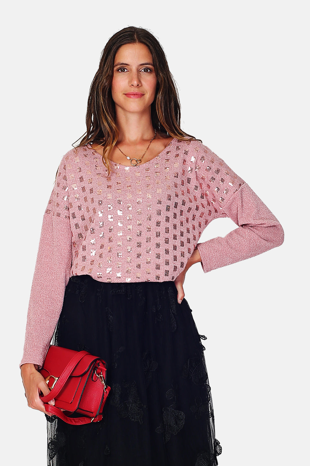 Round neck top in sequin with long sleeves