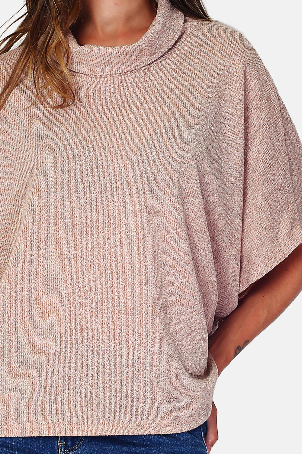 Roll neck poncho sweater with 3/4 sleeves