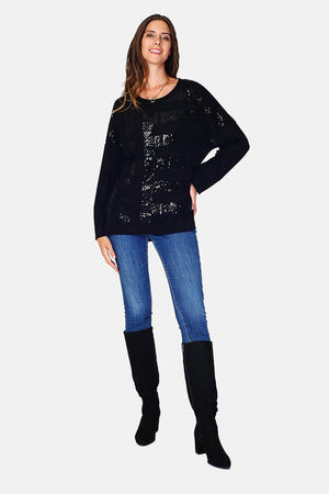 Sequin front crew neck top with sleeves