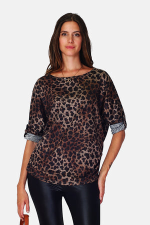 Leopard Print Sleeve Crewneck Sweater