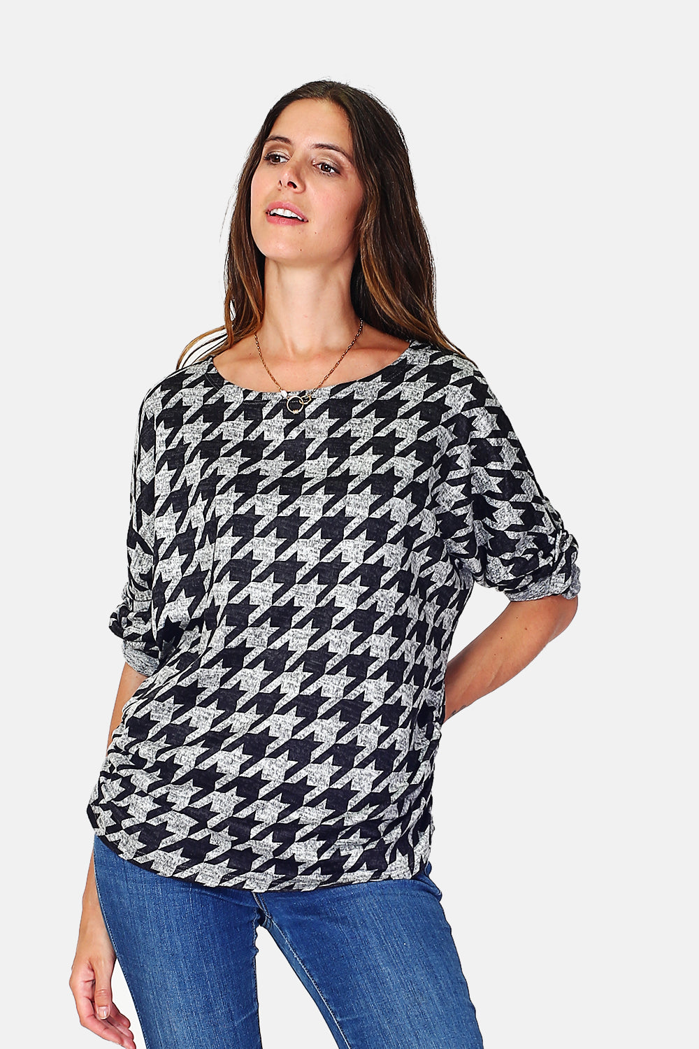 Crew neck jumper with houndstooth imp length sleeves