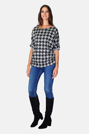 Crew neck jumper with houndstooth imp length sleeves