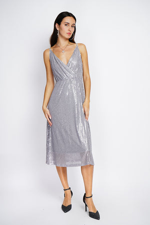 Sequined Pleated Wrap Long Dress