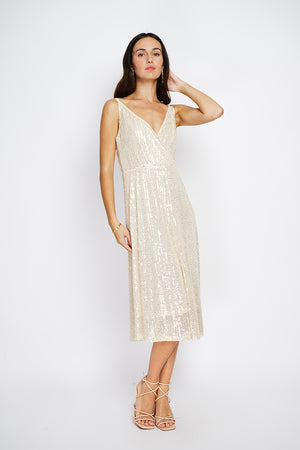 Sequined Pleated Wrap Long Dress