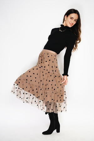 Long elastic embroidered tulle skirt with padded waist