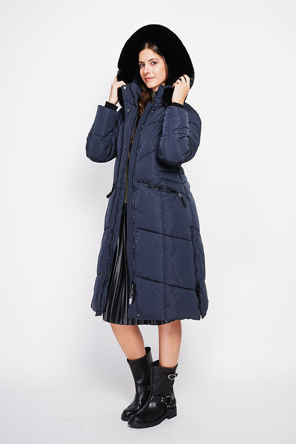 Doudoune longue capuche fourrure amovible – Bleu nuit – Assuili