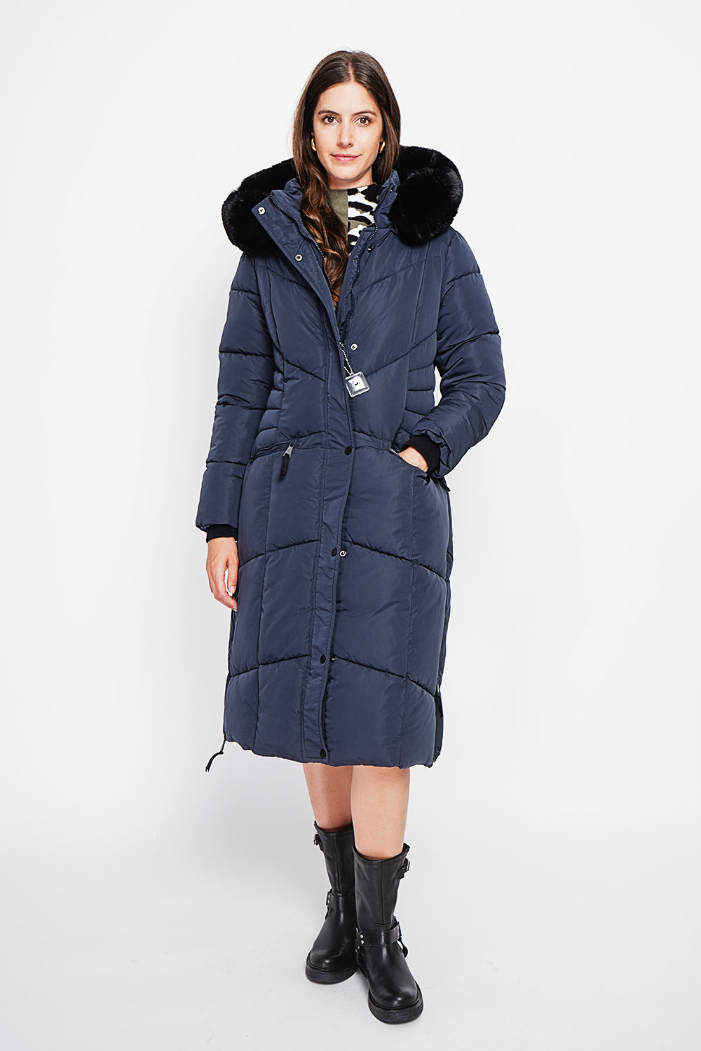 Doudoune longue capuche fourrure amovible – Bleu nuit – Assuili