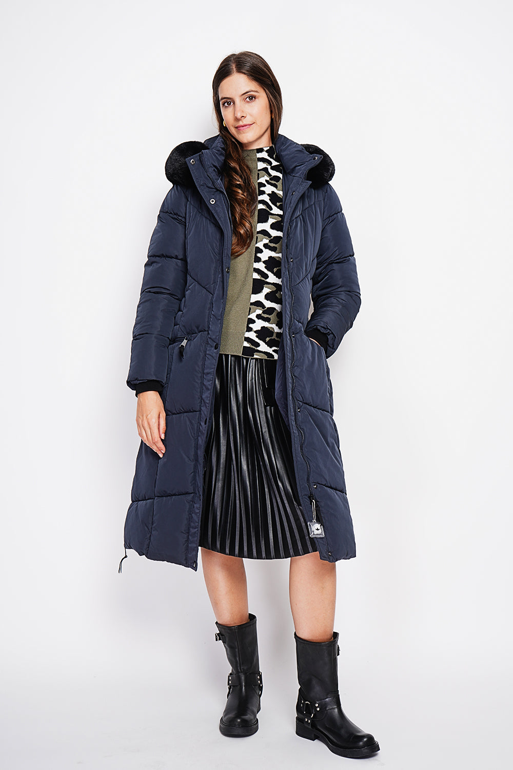 Doudoune longue capuche fourrure amovible – Bleu nuit – Assuili