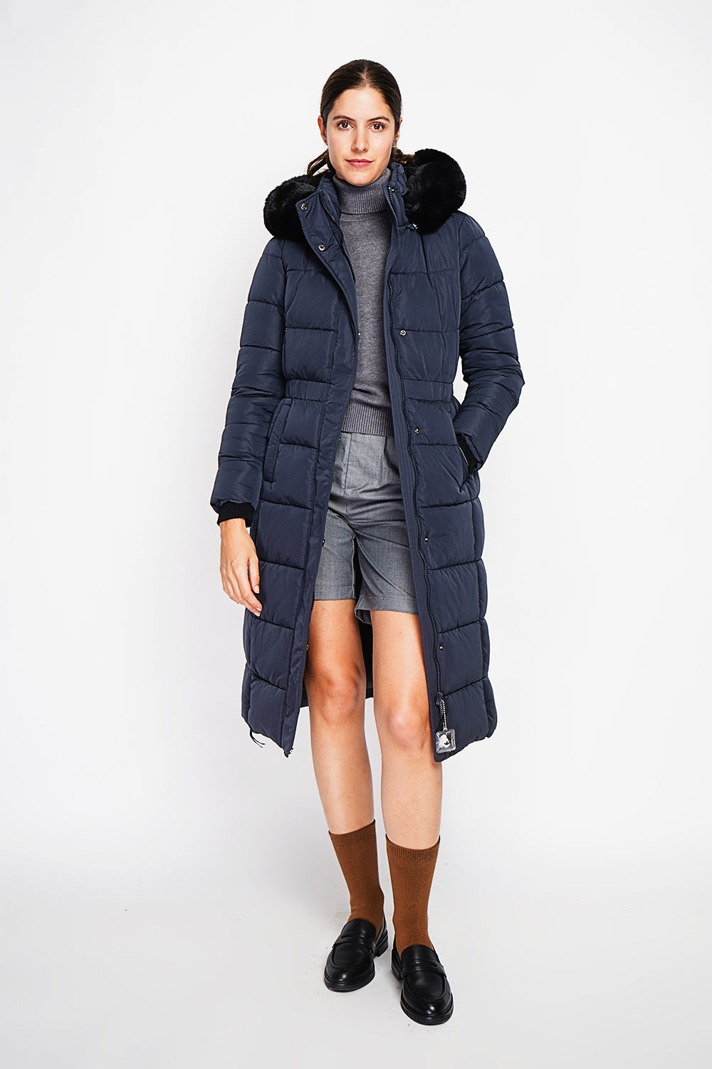 Doudoune longue capuche fourrure amovible – Bleu nuit – Assuili
