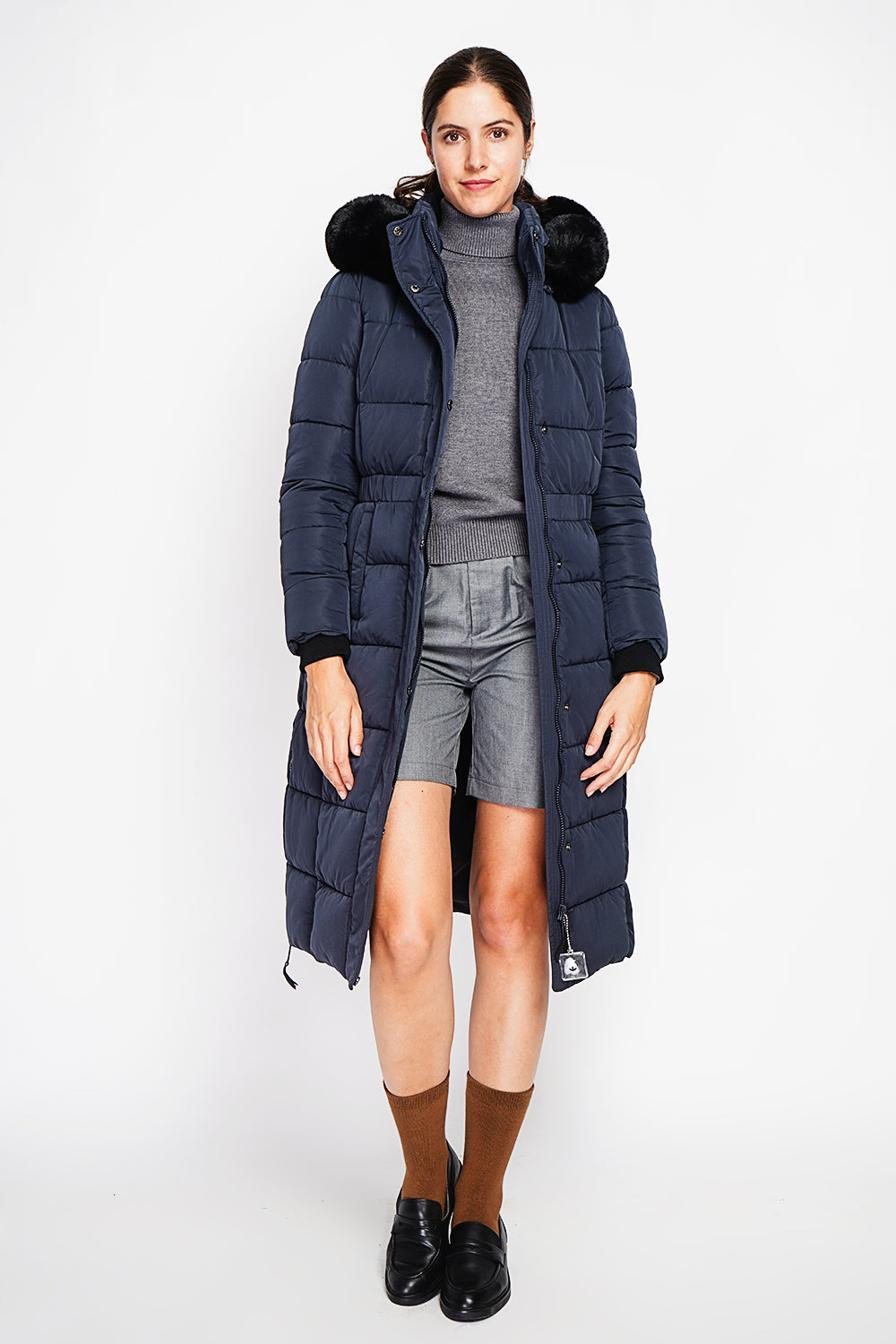 Doudoune longue capuche fourrure amovible – Bleu nuit – Assuili
