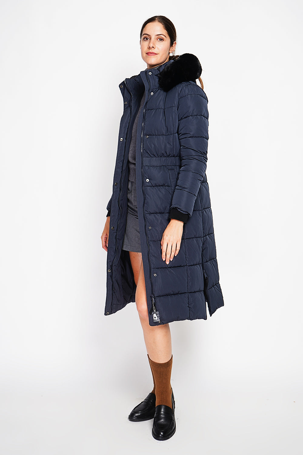 Doudoune longue capuche fourrure amovible – Bleu nuit – Assuili