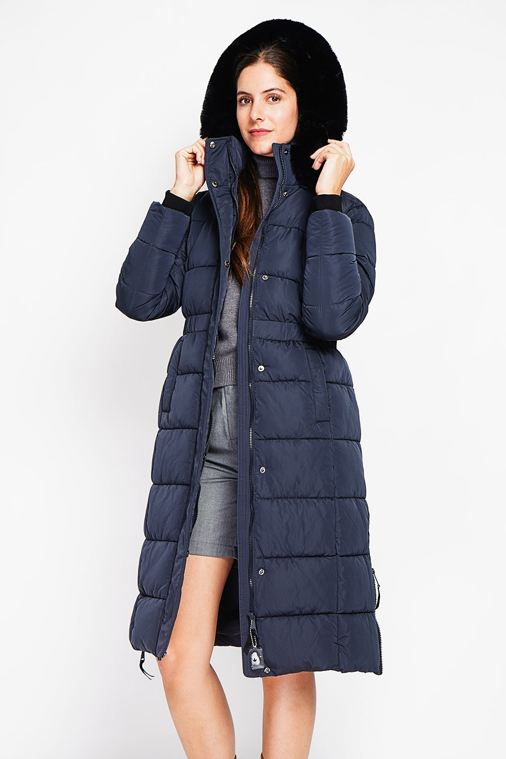 Doudoune longue capuche fourrure amovible – Bleu nuit – Assuili