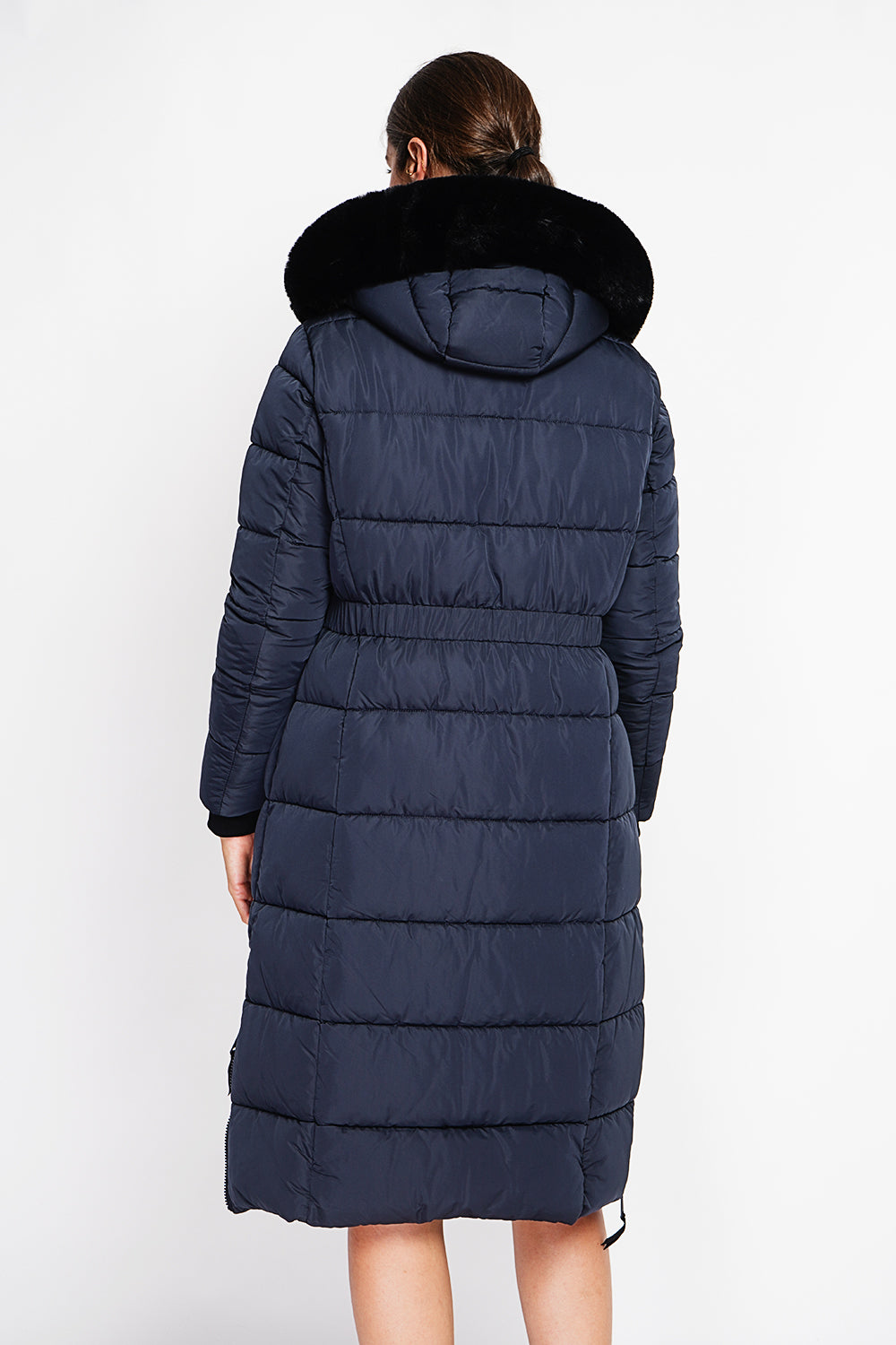 Doudoune longue capuche fourrure amovible – Bleu nuit – Assuili