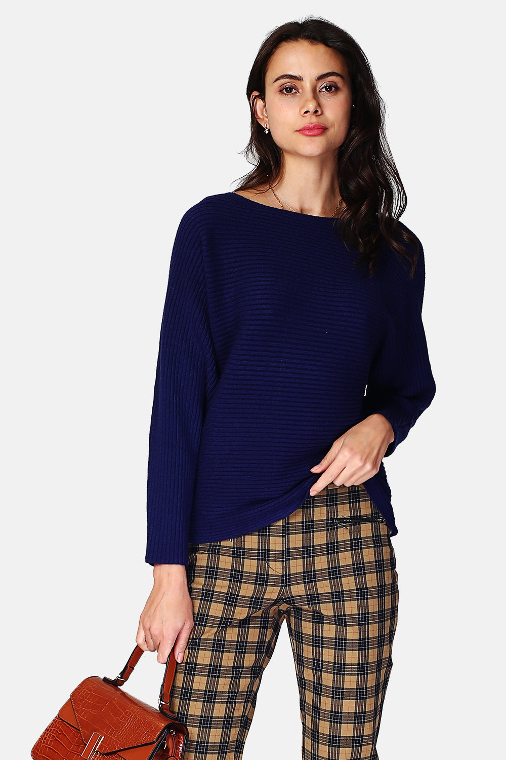 Wide ribbed sweater with boat neck and long sleeves