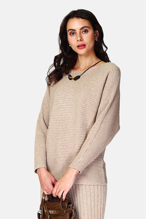Wide ribbed sweater with boat neck and long sleeves