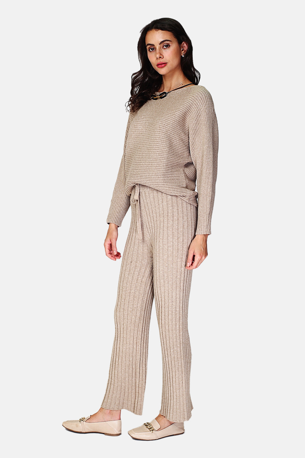 High-waisted knitted knit pants, wide bottom in English rib