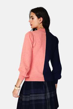 Pullover mit großem V-Ausschnitt, langen Ärmeln, leicht bauschig, zweifarbig