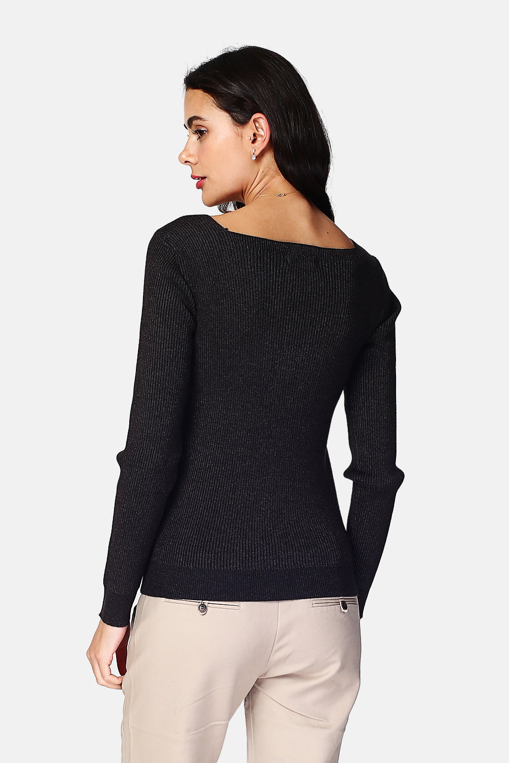 Fancy rib front square neck sweater with long sleeves