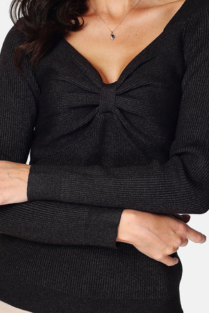 Fancy rib front square neck sweater with long sleeves