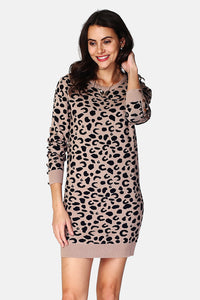 Leopard dress round neck button placket at the bottom of long sleeves