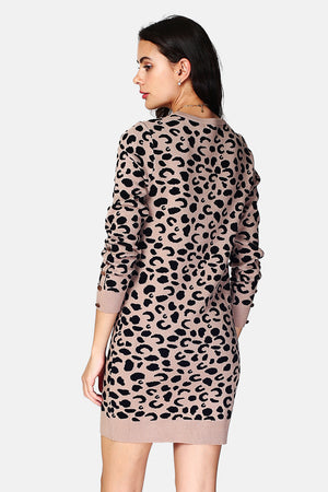 Leopard dress round neck button placket at the bottom of long sleeves