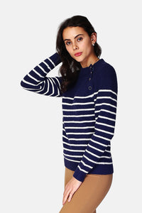 Sailor sweater with high neck closed by a shoulder button placket, pearl rib knitting
