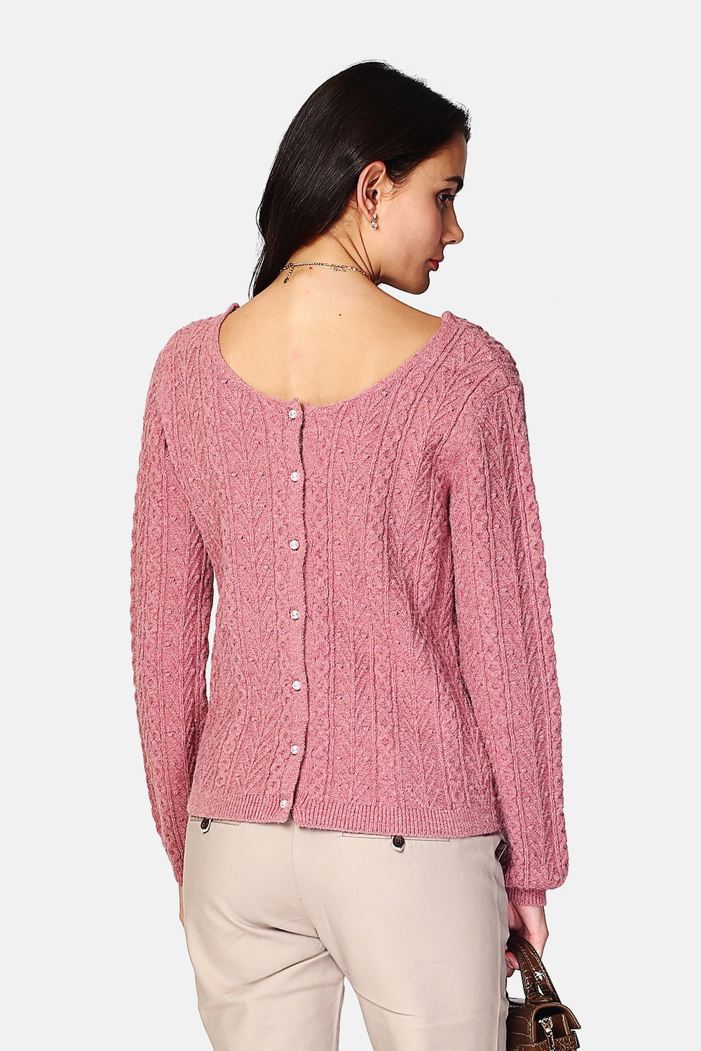 Double carrier fancy knit cardigan with slightly puffed long sleeves