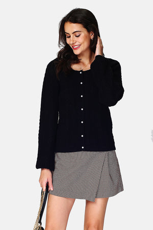 Double carrier fancy knit cardigan with slightly puffed long sleeves