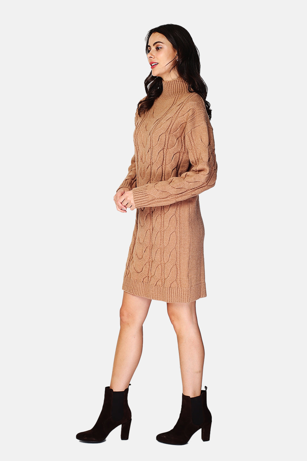 High neck dress, cable knit with long sleeves