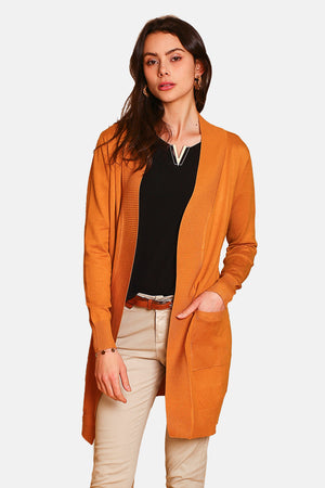 Long shawl collar cardigan with front pockets with long sleeves