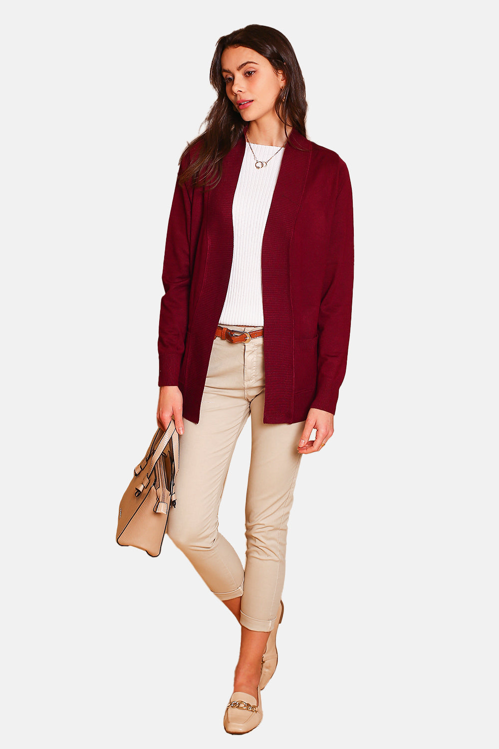 Mid-length cardigan with shawl collar and front pockets with long sleeves