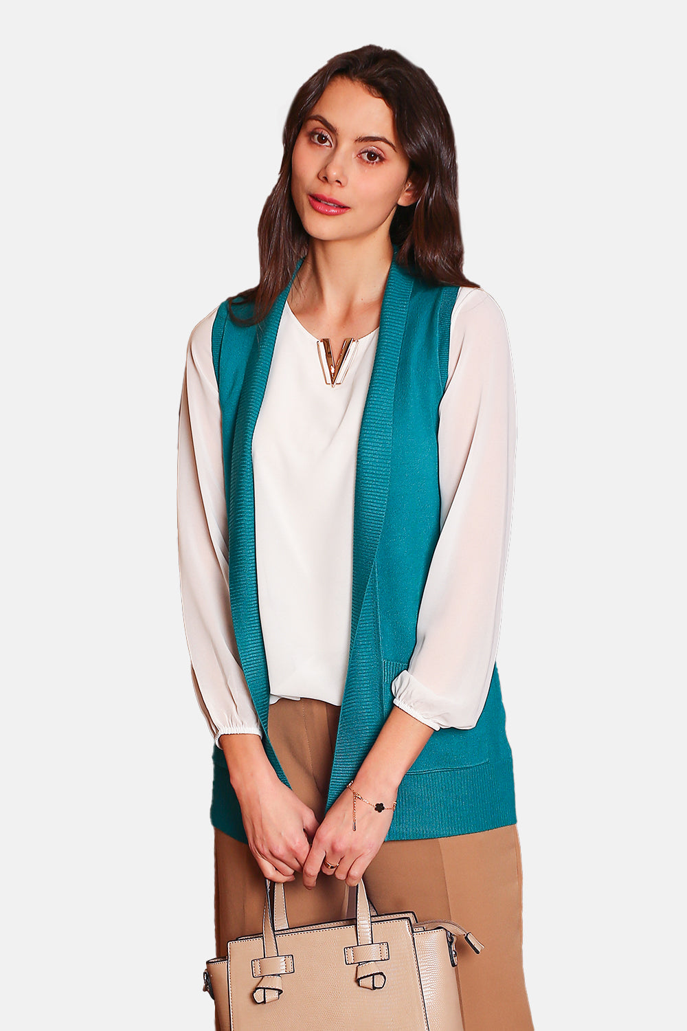 Long shawl collar cardigan with front pockets without sleeves