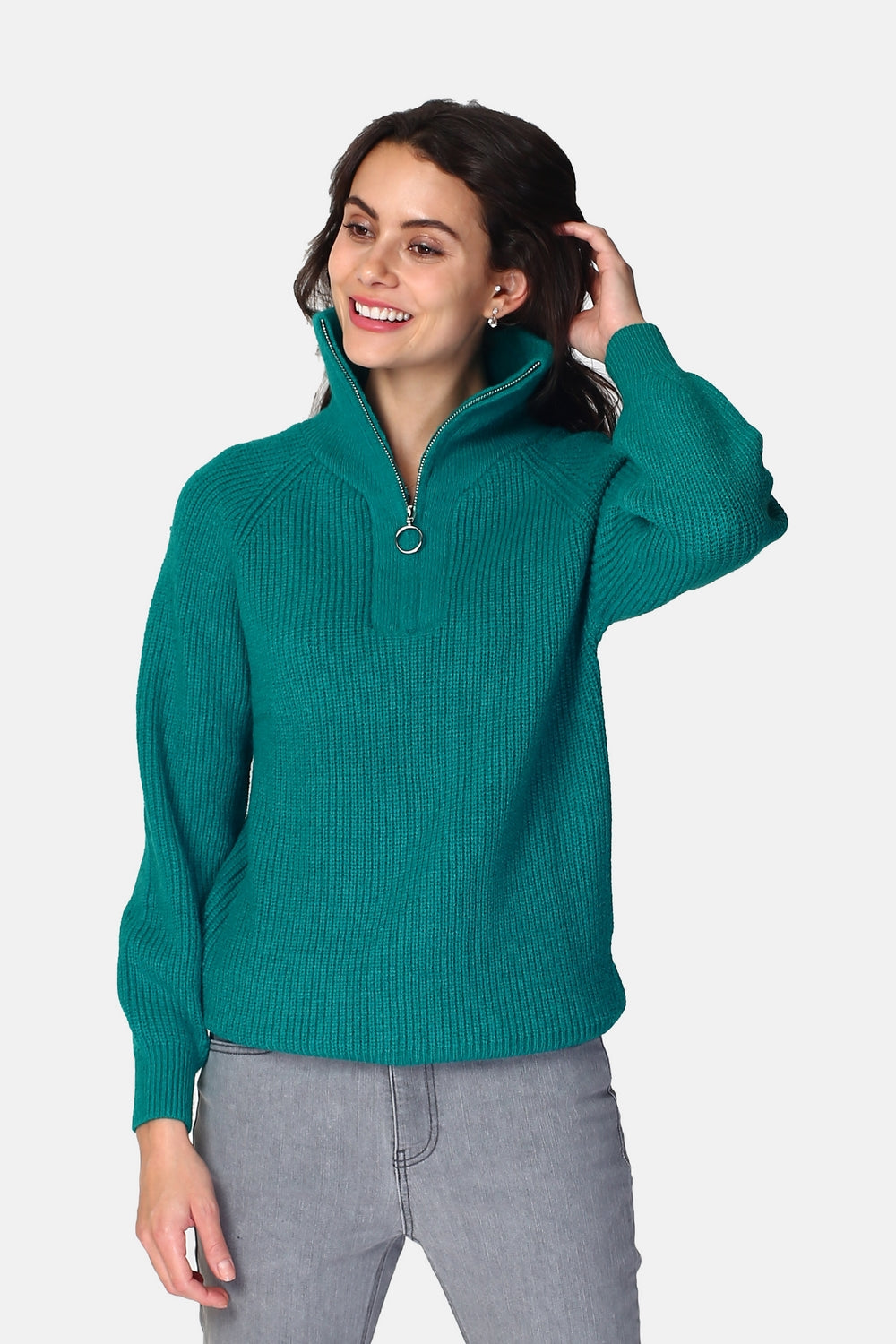 Zipped ribbed sweater with long sleeves