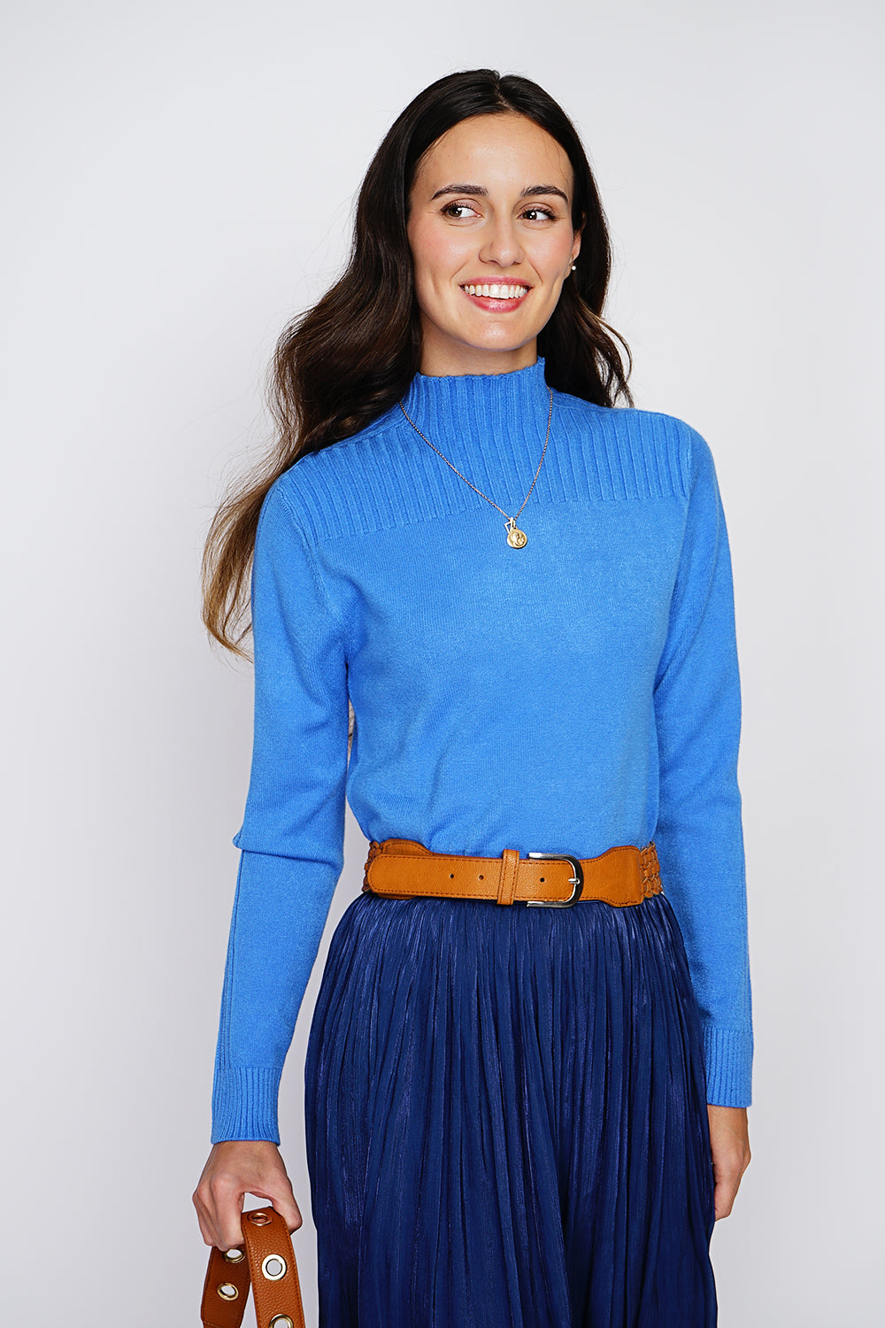 High-neck, long-sleeved ribbed sweater