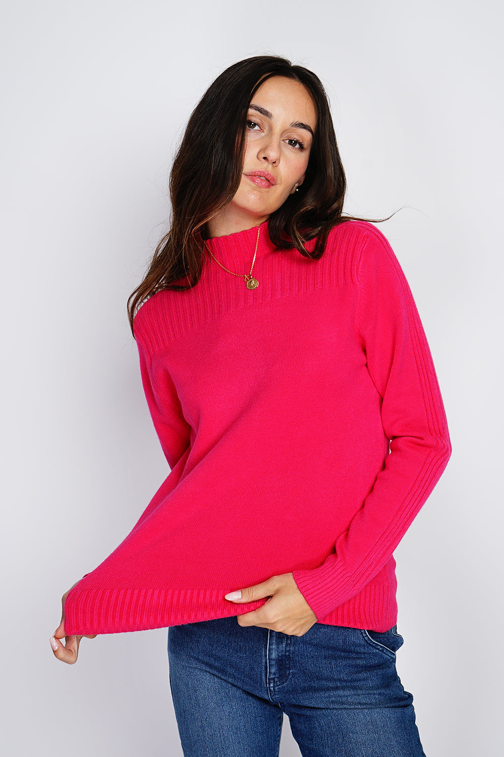 High-neck, long-sleeved ribbed sweater