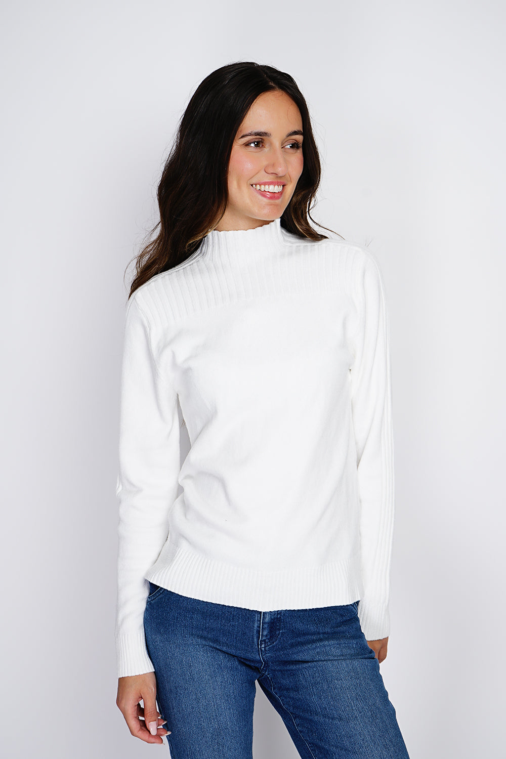 High-neck, long-sleeved ribbed sweater