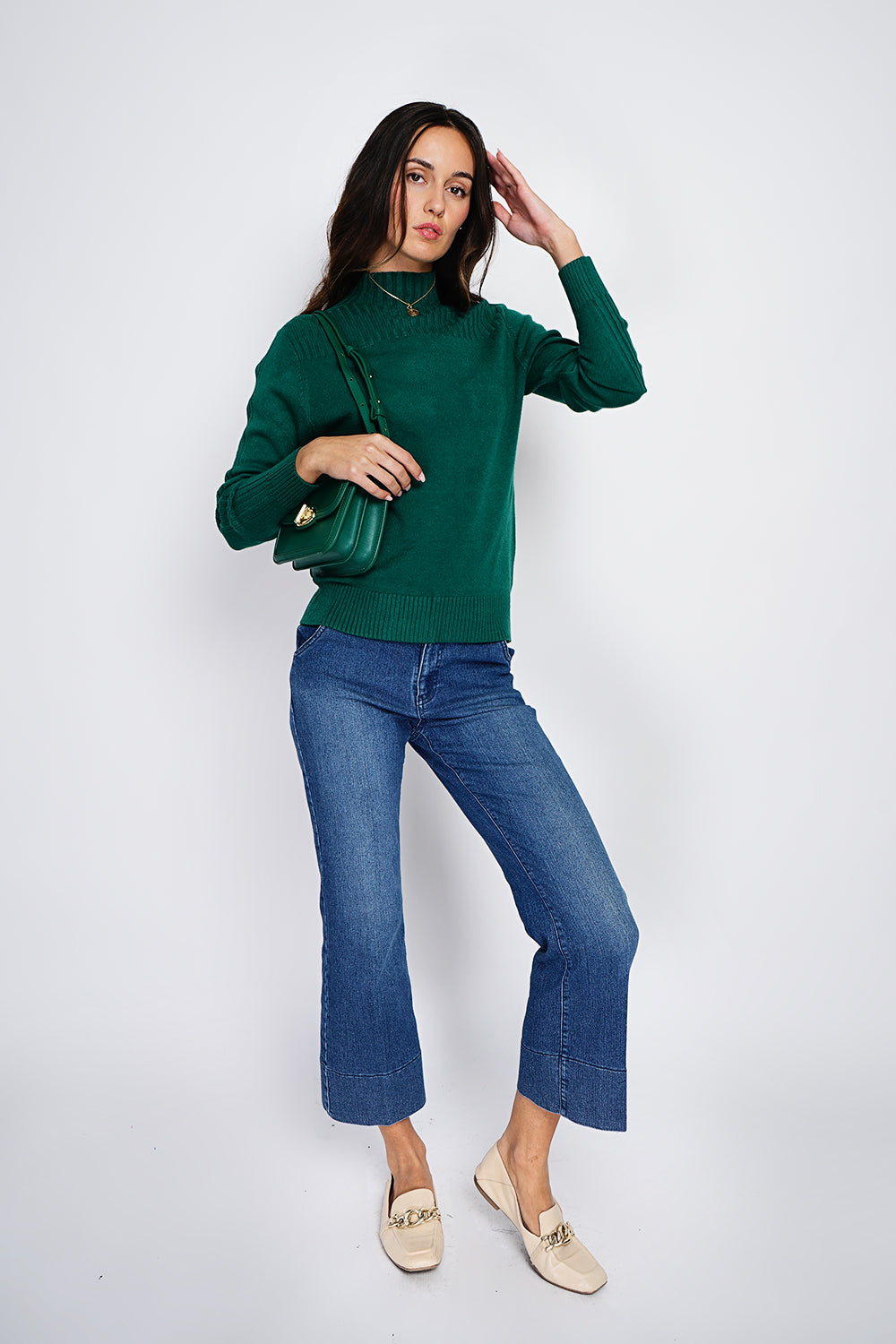 High-neck, long-sleeved ribbed sweater