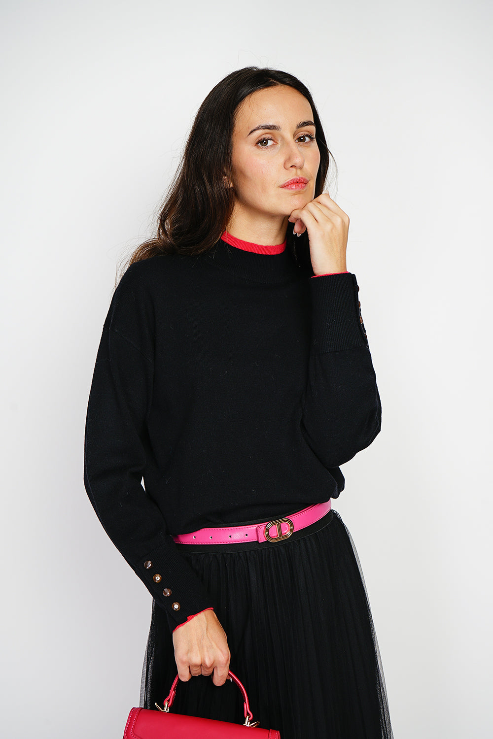 Buttoned turtleneck sweater with long sleeves in two-tone